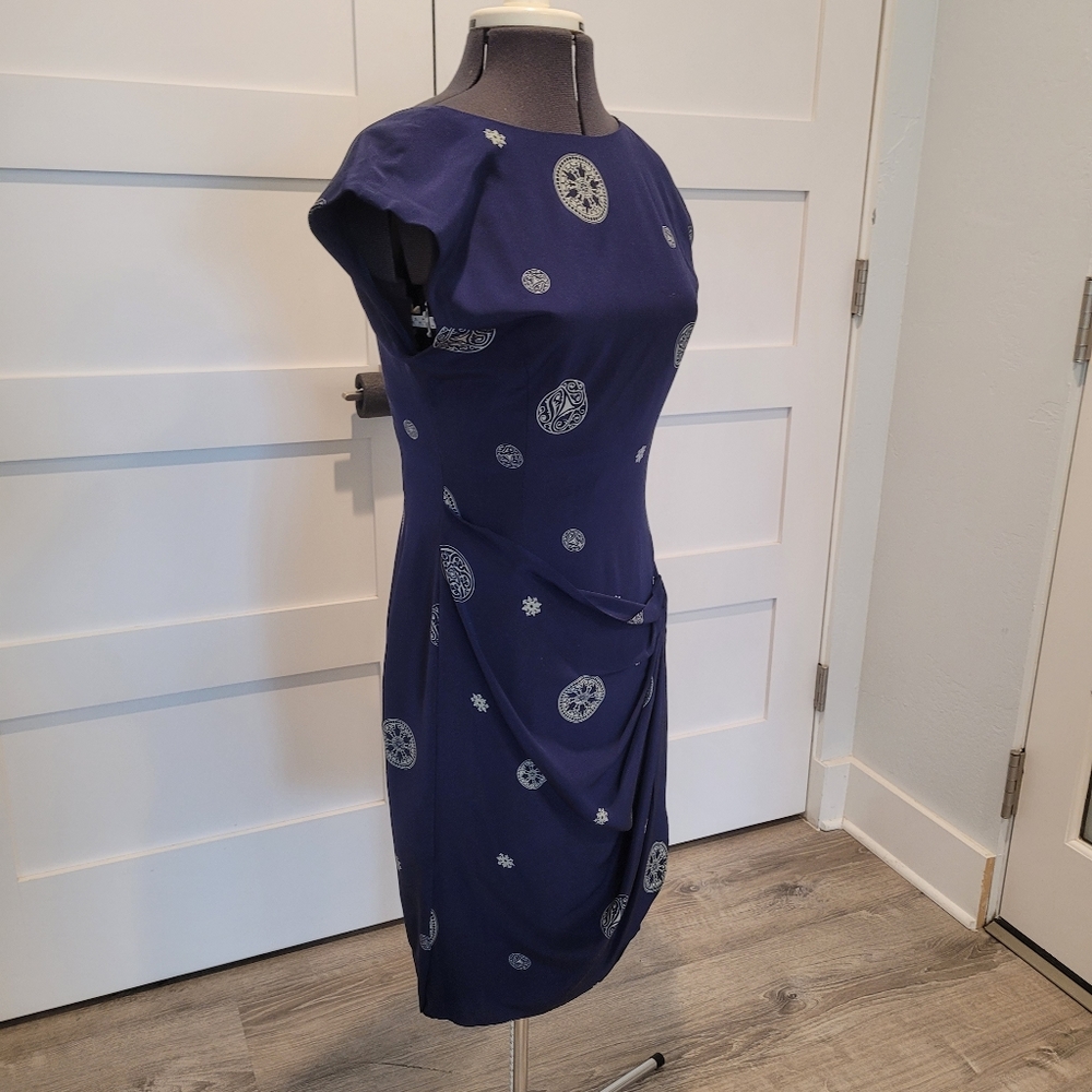 Tahari Petite, Silk, Navy Blue Print Dress, Mock Wrap, Sarong, size 10
